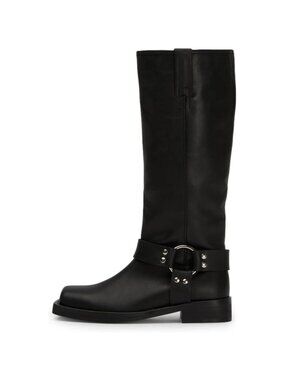 Caradise Women Black Knee High Square Toe Pull On Flat Motorcycle Comfort Boots